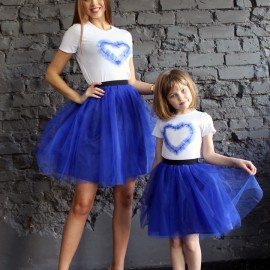 Комплект юбочек с топами family look для мамы и дочки (цвет синий)