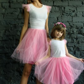 Комплект юбочек с топами family look для мамы и дочки (розовый)